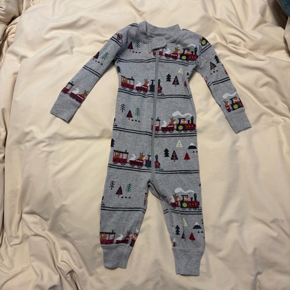 Hanna Andersson Kids Train Print Gray One Piece
